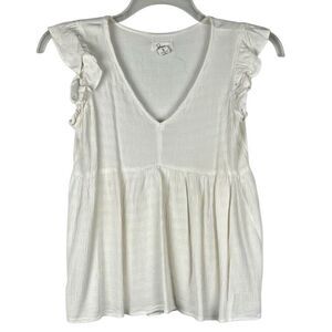 Japna 100% Viscose White Boho Cap Sleeve V-neck Peasant Top Babydoll Small
